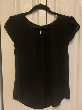 mine Black Cap Flutter Sleeve Semi Sheer Pleated Front Blouse office sexy travel